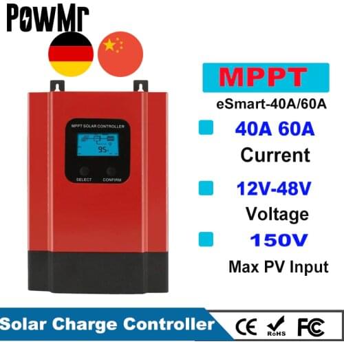 Esmart3 60A 40A MPPT Solar Charge Controller 48V/36V/24V/12V Auto Back-light LCD Max 150VDC Input Energy Saving RS485 Port