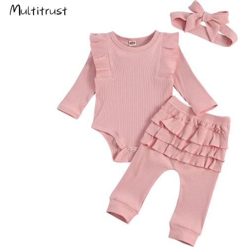 New Born Baby Ribbed Suit 2020 Girl Solid Color Crew Neck Lace Long Sleeve Top+ Long Lace Pants+Hairband 3-piece Suits