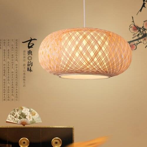 Round Hand Knitted Bamboo Rattan Pendant Light Cord Fixture Rustic Asian Japanese Style Tatami Lamp Luminaria Dining Table Room