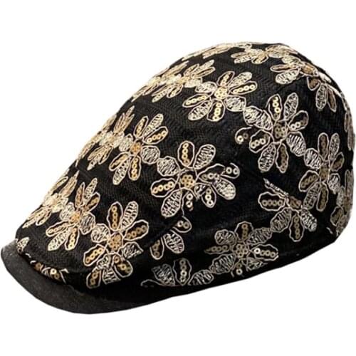 Fashion ladies beret lace sequins breathable sun hat British casual painter hat