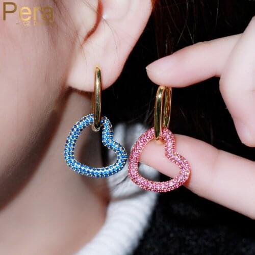 Pera Fashion Women Jewelry Royal Blue Red Cubic Zirconia 1 Pieces Hanging Hollow Love Heart Shape Gold Color Hoop Earrings E700