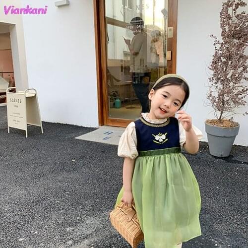 False 2 Pieces Girls Dresses 2021 Summer New Short-sleeved Patchwork Gauze Princess Casual Dress Cute Baby Kids Clothes Top