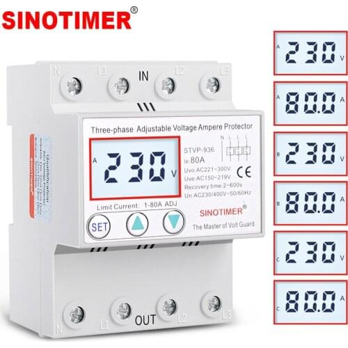 Din Rail 3 Phase Voltage Relay 380V Voltmeter Ammeter Over and Under Voltage Monitor Relays Protector Adjust Current Overvoltage