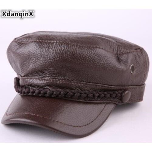 XdanqinX New Winter Mens Womens Genuine Leather Warm Hat Fashion Cowhide Army Military Hats For Men Women Brands Flat Caps