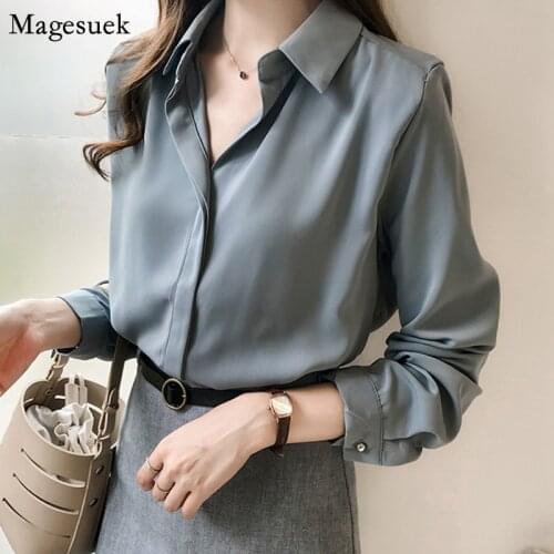 Women Solid Loose Plus Size Office Blouses New Spring Turn-down Collar Chiffon Blouse Casual Button Female White Shirt Tops 1181