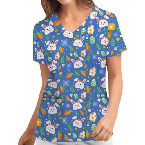 Women Sanitary Clogs 2021 Short Sleeve V-neck Cartoon Pattern Tops Nursing Working Uniform T-shirts Summer Ladies Uniform Nurse