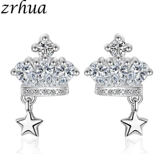 Clear CZ Zircon Rhinestone Star Stud Earrings For Women Crown Shape Luxury 925 Sterling Silver Engagement Gifts Ladies Jewelry