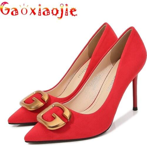 Gaoxiaojie Woman Pumps 2021 Luxury Design Flock Sexy Pointed Toe Stilettos Fashion 9.5CM Ornament Buckle Elegant High Heel Shoes