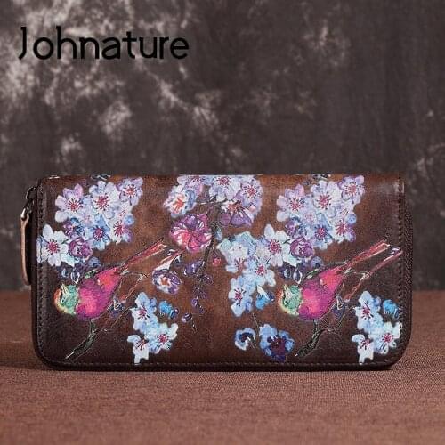 Johnature Printed Wallet 2021 New Retro Real Leather Long Womens Wallets And Purses Wallet Card Holder Soft Cowhide Phone Purse
