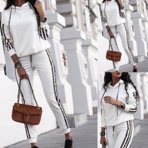 =2021 Spring Autumn 2 Piece Sweat Set Hoodies Sweatshirt Pants Casual Sports Suit For Women Striped Tracksuit Joggers Suits