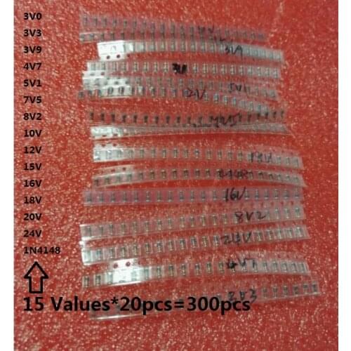 15values *20pcs=300pcs 3V~24V LL34 SMD Zener diode package 1/2W 1N4148 KIT 0.5W 3V3 3V9 4V7 5V1 7V5 8V2 10V 12V 15V 16V 18V 20V