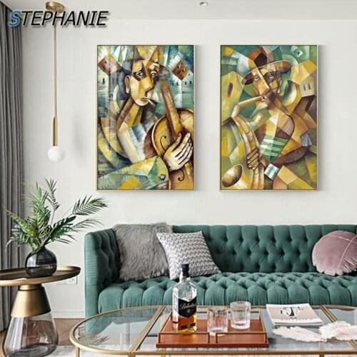 Abstract Green and Yellow Canvas Art Nordic Cello Saxophone Wall Art for Living Room Figure Poster and Print Big Abstract Poster