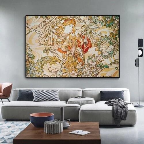 Alphonse Mucha Vintage Beauty Wall Art Posters and Prints Flower Woman Paintings Wall Art Cuadros Pictures for Home Decor