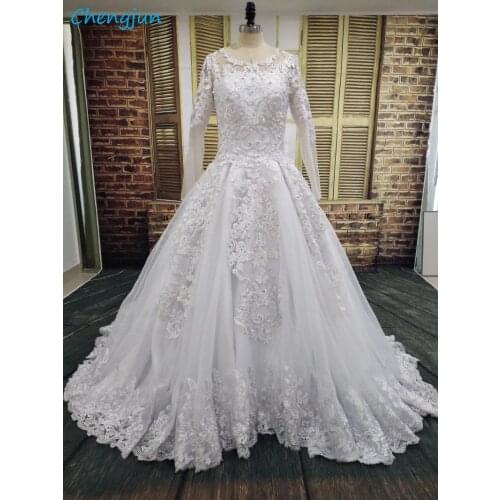 Chengjun White Princess Ball Gown Long Sleeve Wedding Dress