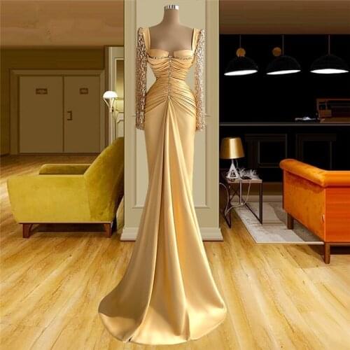 Glitter Light Yellow Evening Dresses 2021 Robes Long Sleeves Mermaid Party Dress Vestido De Festa Arabic Dubai Prom Dress