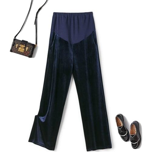 Pregnant womens gold velvet wide-leg pants Spring and autumn pregnant womens belly lift pants Loose casual maternity pants
