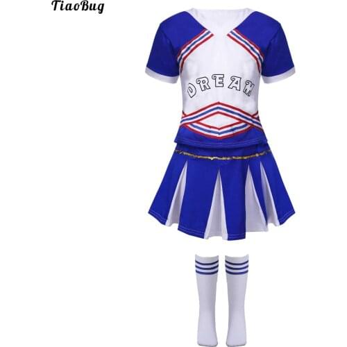 TiaoBug Kids Girls Cheerleading Uniform Performance Clothes Short Sleeve V Neck Letter Print Top With Pleated Skirt And Socks