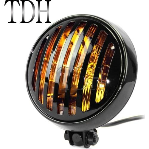 Motorcycle Retro Grill Guard Headlight Headlamp Amber Lens Fit For Harley Cafe Racer Chopper Bobber Cruiser Custom