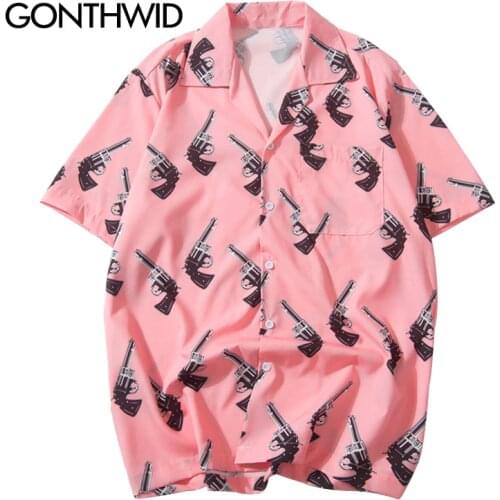 GONTHWID Pistol Gun Print Pink Beach Hawaiian Aloha Shirts 2020 Summer Mens Casual Short Sleeve Shirt Male Fashion Shirts Tops
