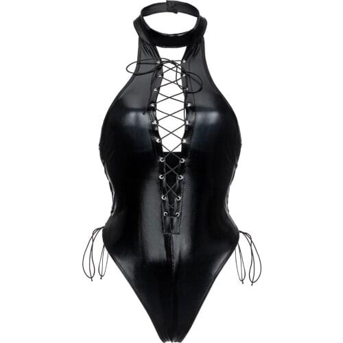 Women Sexy Bodysuits Lingerie Latex Leather Jumpsuits Bodycon Costume Playsuits Lace Up Camisole Performance Clubwear