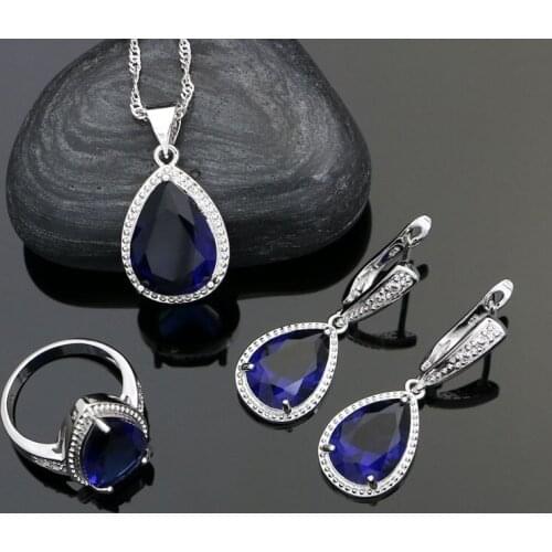 925 Sterling Silver Jewelry Sets For Women Wedding Decoration Water Drop Blue Cubic Zirconia Earrings Ring Necklace Pendant Set