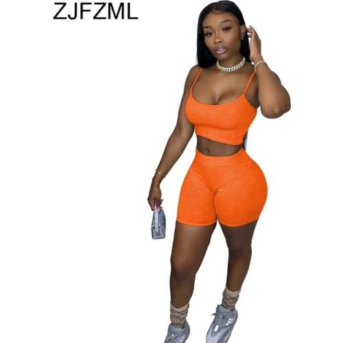 Neon Orange Sexy Fitness Two Piece Set Women Tracksuit Spaghetti Strap Cami Crop Top and Elastic Biker Short Sporty Club Outfits