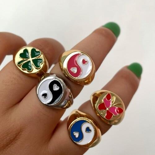 2Pcs/Set Sweet Girls Cute Enamel Rings Small Daisy Yin Yang Butterfly Heart Metal Ring for Women 2021 Fashion Jewelry Wholesale