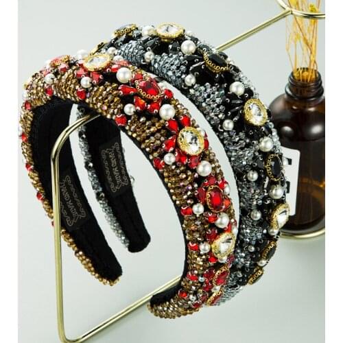 Fashion Handmade Luxury Bling Beaded Braided Rhinestone Headband Crystal Colorful Diamond Pearl Hairband Women Hair Accessories