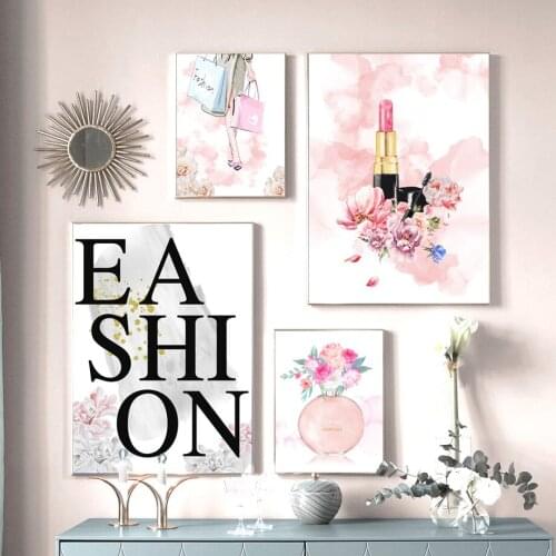 Perfume Fashion Poster Lipstick Makeup Brushes Print Canvas Art Painting Wall Picture Beauty Poster Girl Room Home Decoration