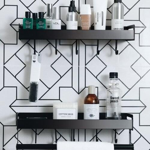 Wall Mounted Metal Storage Rack Bathroom Organizer Shelf Black Shampoo Holder with Hooks Towel Bar Shower Storage Large Capacity