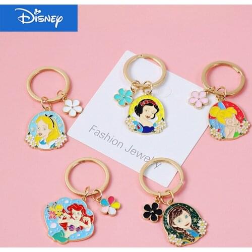 Disney New Doll Toys Frozen Cartoon Princess Dripping Alloy Snow White Keyring Baby Girls Flower Keychain Bag Pendant Toys
