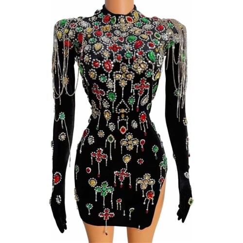 Charm Black Rhinestone Sheath Dress Women Crystal Long Sleeves Dress Party Formal Outfit Nightclub DJ Singer Stage Show Costume