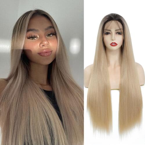 SOKU 13X4 Lace Frontal Wigs 30 Inches Long Straight Wig Free Part For Black Women Ombre Blonde Honey Synthetic Lace Front Wigs