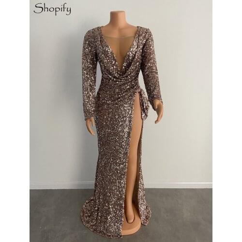 Real Sparkly Sexy Long Sleeve High Slit Rose Gold Sequined African Women Mermaid Arabic Evening Dresses 2021