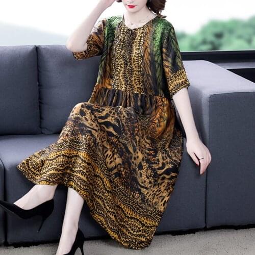 O-Neck Short Sleeve Silk Dress Women Summer 2021 New Printing Loose Dress Plus Size Vintage Clothing Casual Female Robes zh135