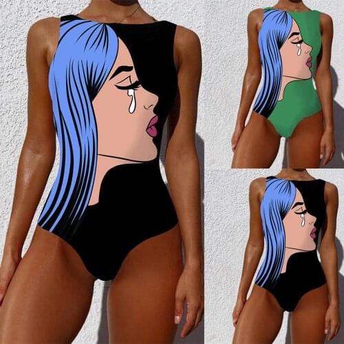 Sexy Swimwear Women Swimsuit Bathing Suit Graffiti Abstract Print Wide Straps High Neck Backless Bodysuit One Piece Monokini Hot