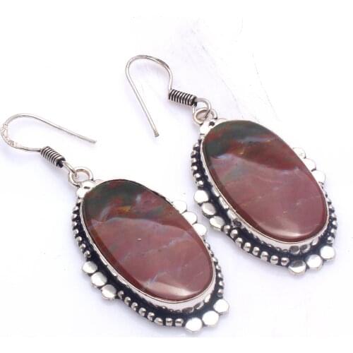 Genuine Bloodstone Earrings Silver Overlay over Copper , Hand made Women Jewelry Gift, E5729