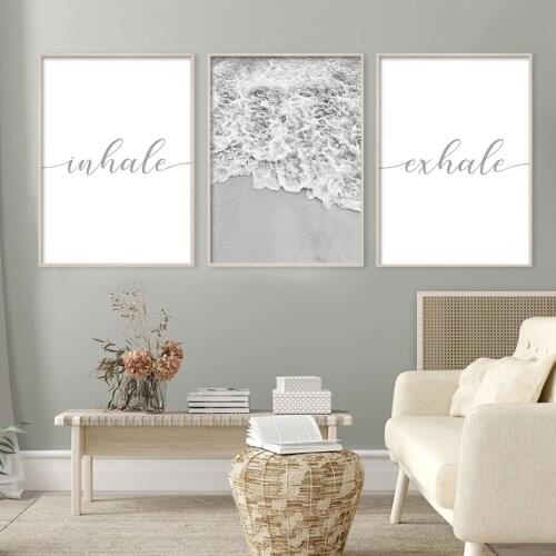 Grey Boho Style Inhale Exhale Wall Art Print Gifts Beach Waves Poster Canvas Painting Prints for Bedroom Living Room Home Decor