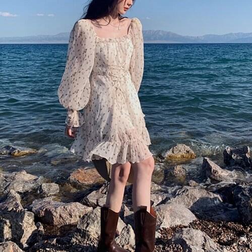 Chiffon Mini Floral Dress Women Elegant Fairycore Y2k Korean Fashion Party Dress Vintage Bandage Designer Long Sleeve Dress 2021