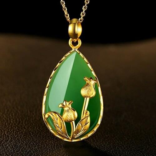 Light Yellow Gold Color Water Drop Green Agates Pendant Link Chain Necklace with Leaf Flower Jewelry