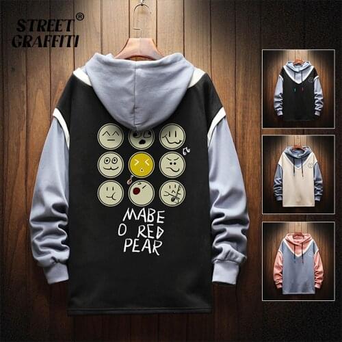 Mens Casual Sweatshirts Hoodie Vintage Painted Style Splicing Hip Hop Creativity Streetwear Male 2021 Fashion Cotton Men Hoodies