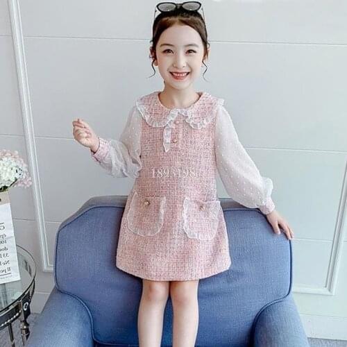Girls Spring Autumn Mesh Dresses 2021 New Girls Small Fragrance Princess Dress Big Child Doll Collar Princess Pearls Clothes