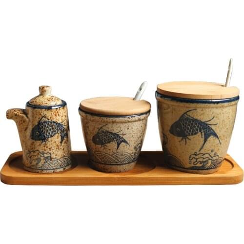Japanese Retro Seasoning Jar Ceramic Salt MSG/Seasoning Can Kitchen Salt Shaker Spice Jar Jar Moisture-Proof Home Use Set