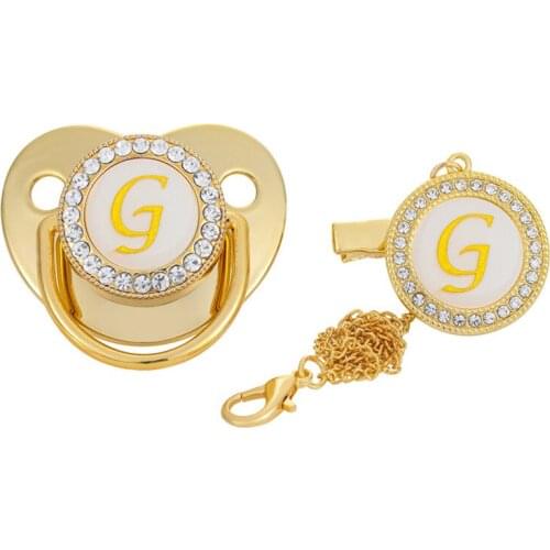 Non Toxic Baby Soothing Pacifier Golden Shiny Plated Dummy Chain Clip Luxury BPA Free Diamond Pacifier Clip For 6-12 Months Baby