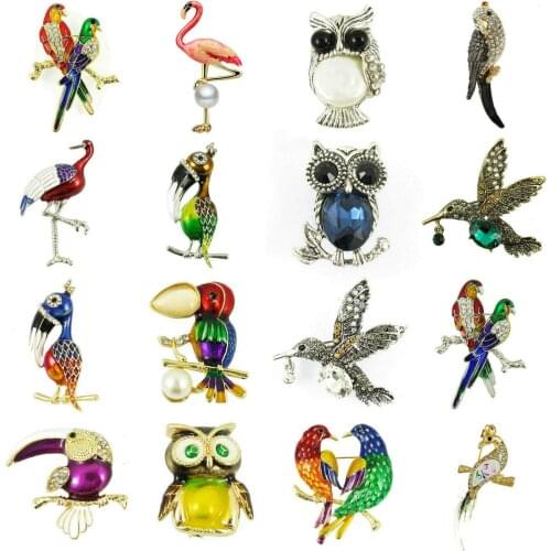 TianBo Fashion Handmade Cute Birds Parrot Pin Brooches for Women Enamel Pin Crystal Animal Bird Brooch Pin Christmas Jewelry
