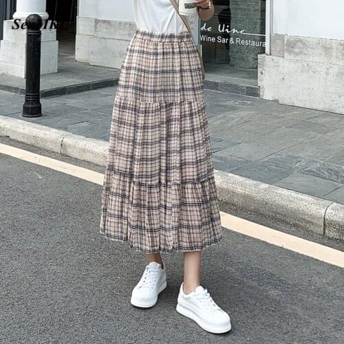 Summer Vintage Plaid Long Skirts Womens 2021 Fashion High Waist Pleated Gothic Skirt Korean Style A Line Maxi Harajuku Skirt