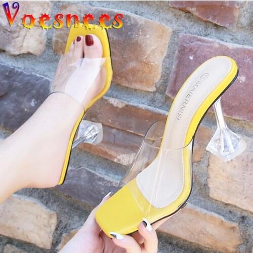 Voesnees Women Slippers 2021 New Transparent High Heels Fashion Multicolour Sandals Lady Shoes Square End Peep Toe Summer Slides