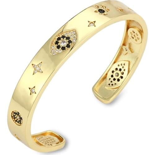 Womens Gold Bangles Bracelets Copper Zirconia 18K Gold Plated Adjustable Open Bangles eye star flowers Sculpture Bangle