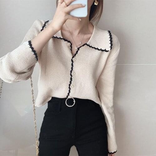 2020 Women Autumn Elegant Turn-down Collar Wave Line Edge Thin Sweater Coat Full Sleeve Knitted Cardigan Jacket