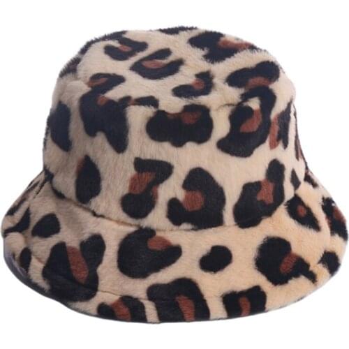 Winter Fuzzy Fur Warm Soft Leopard Bucket Hats Women Fashion Floppy Sun Cap Packable Fisherman Hat